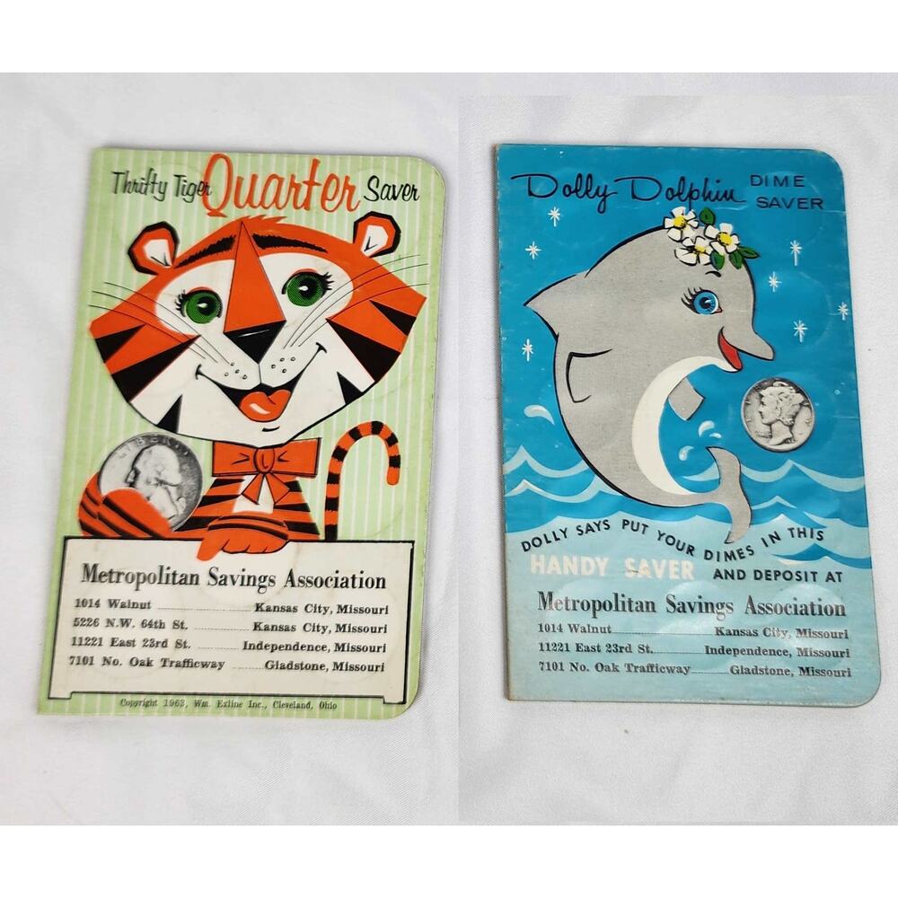 1960s Bank Coin Savers Thrifty Tiger Quarter Dolly Dolphin Dime Kansas City, MO